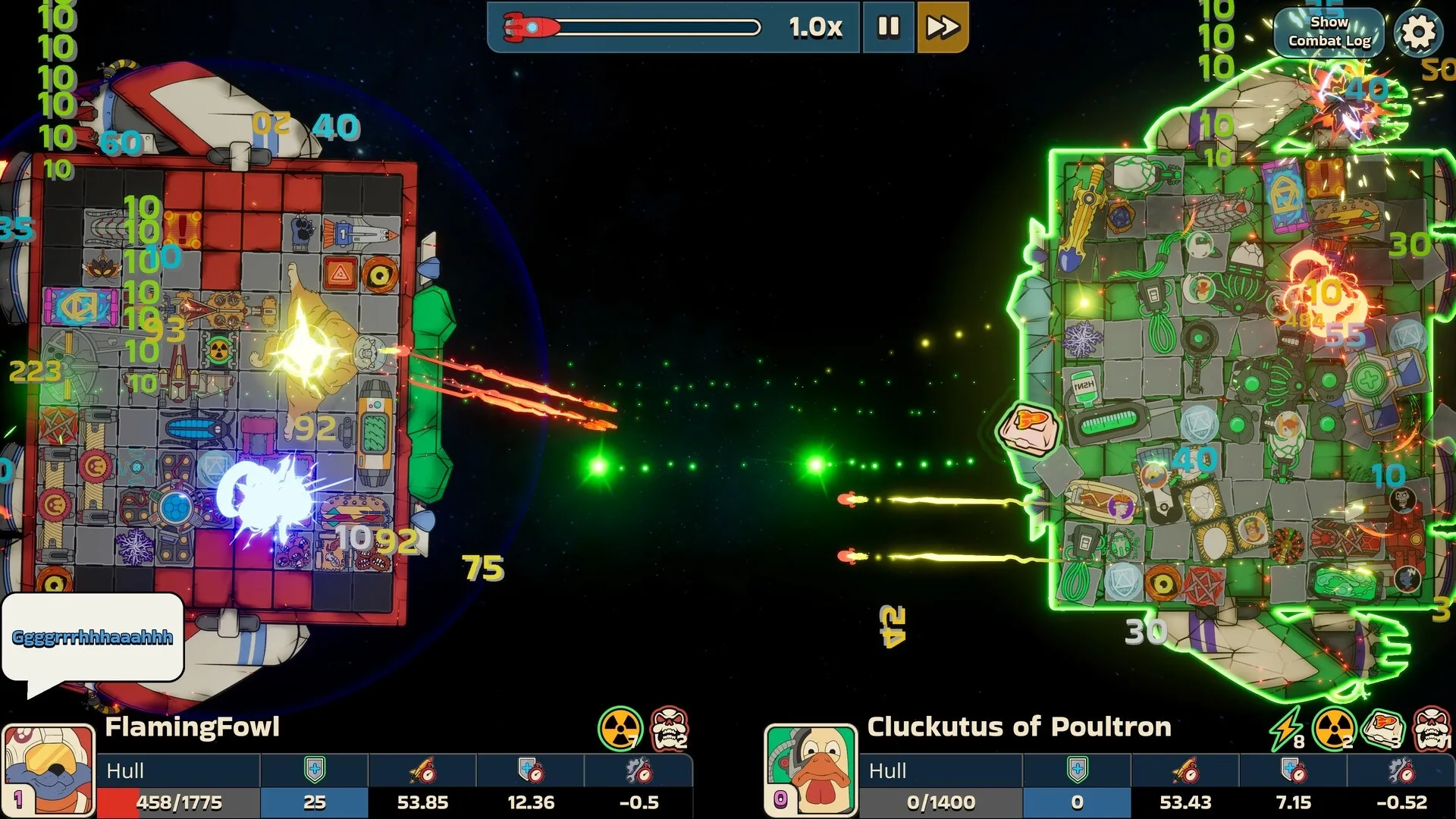 Konfronto: FlamingFowl and Cluckutus of Poultron engage in space combat with damage numbers displayed