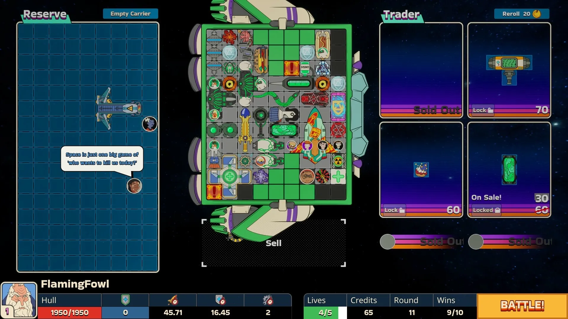 Konfronto: Command deck view with carrier layout, spaceship in reserve, and trader items for sale.