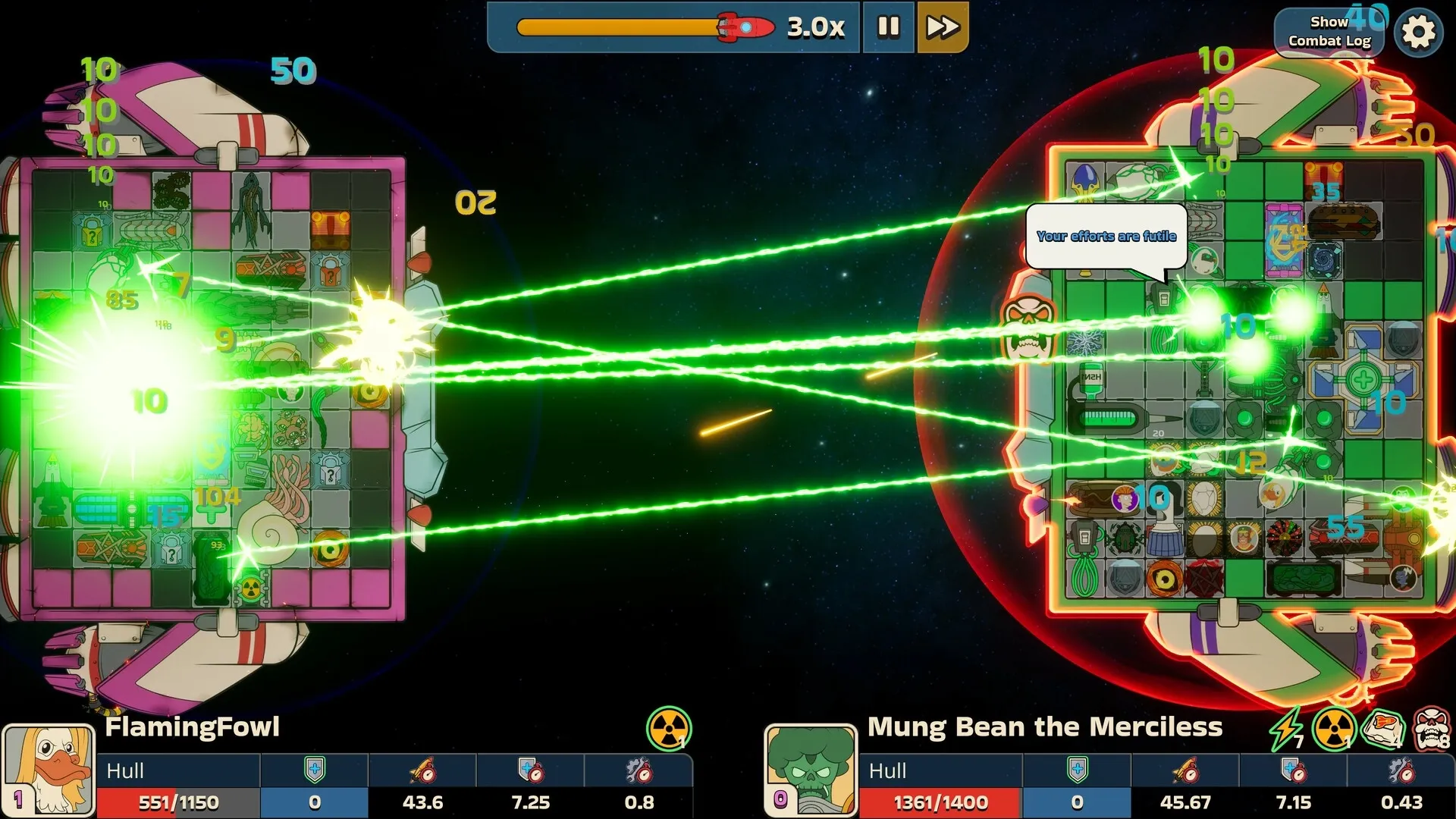 Konfronto: FlamingFowl vs. Mung Bean in space battle with laser beams and ship stats displayed