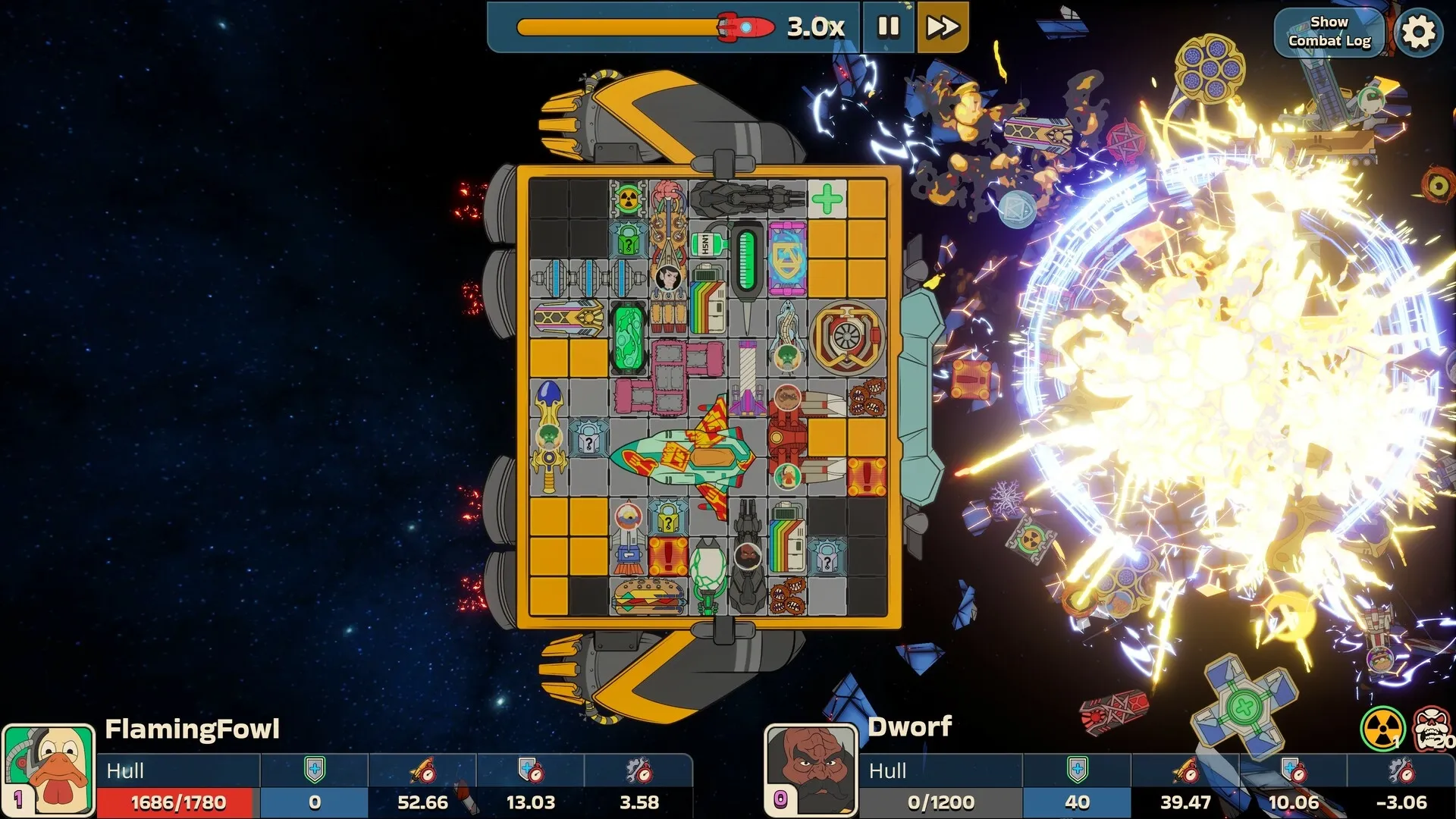 Konfronto: Intergalactic carrier interior with battle damage, enemy ship explosion in space environment