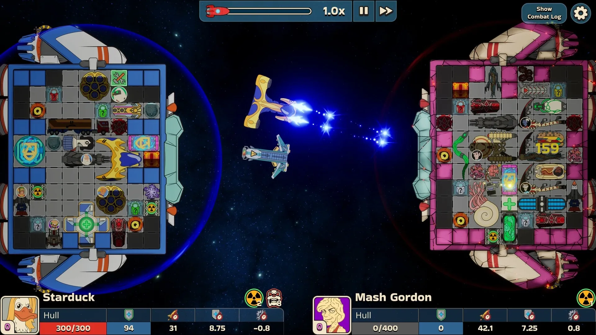 Konfronto: Space battle between Starduck and Mash Gordon's carriers, with detailed ship interiors visible.