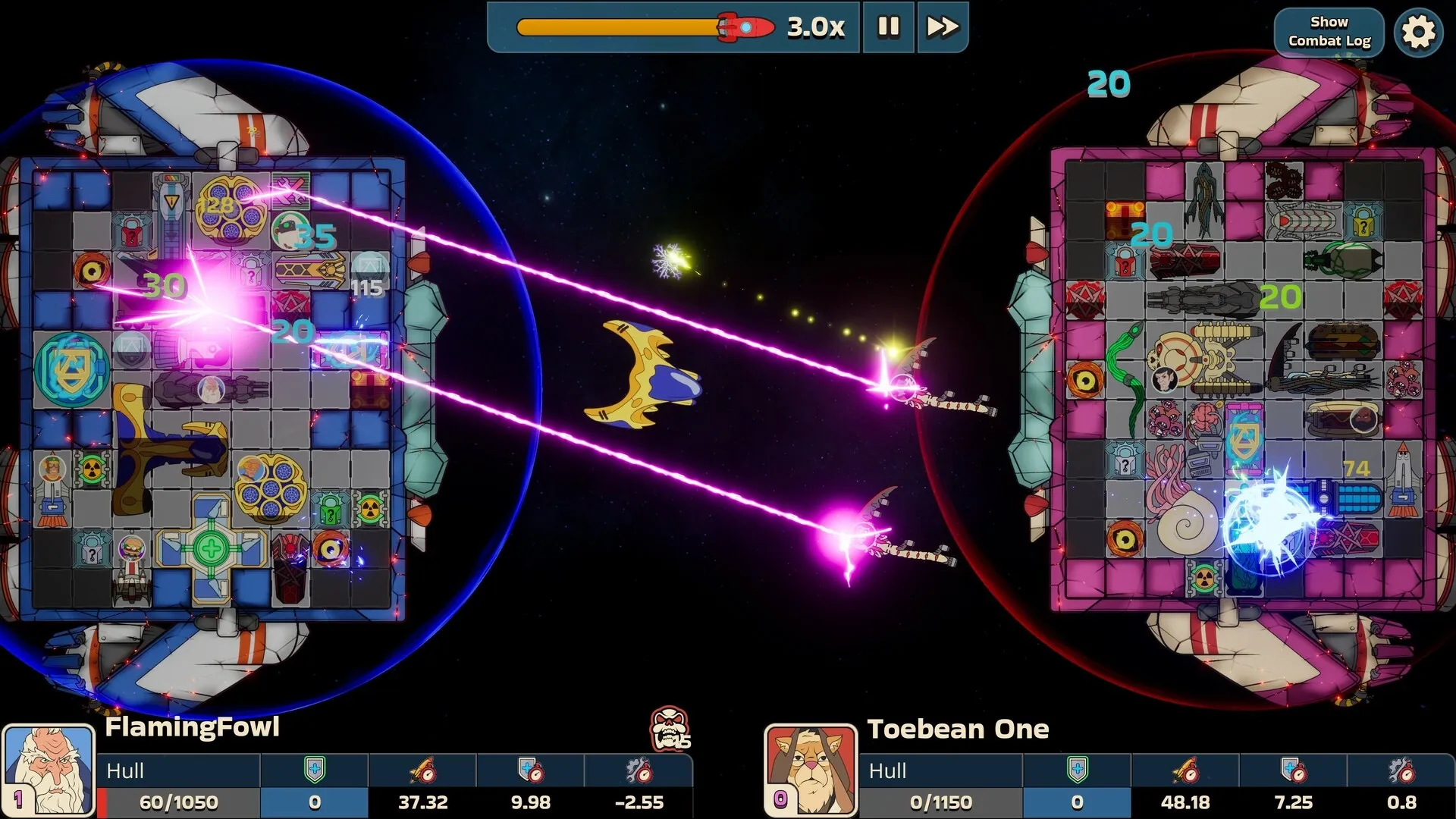 Konfronto: Space battle between FlamingFowl and Toebean One with lasers and spacecraft grids visible.