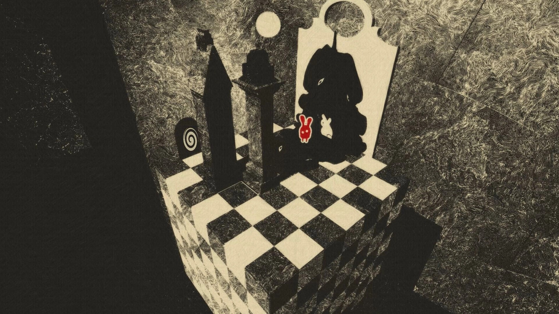 KORI: Chessboard platform with shadowy figures and spiral door in a surreal, textured environment