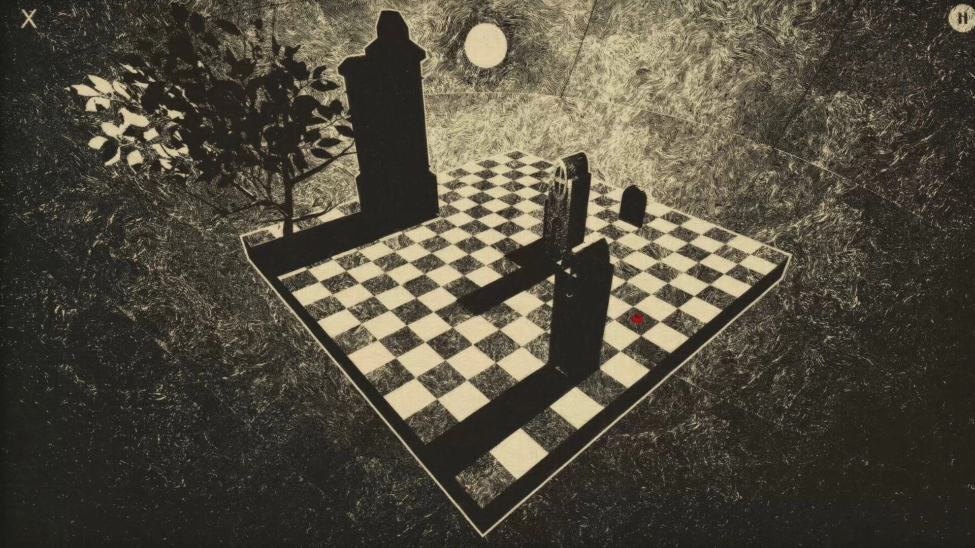 KORI: Chessboard platform with tall shadows, tree silhouette, and a glowing orb in a surreal landscape.