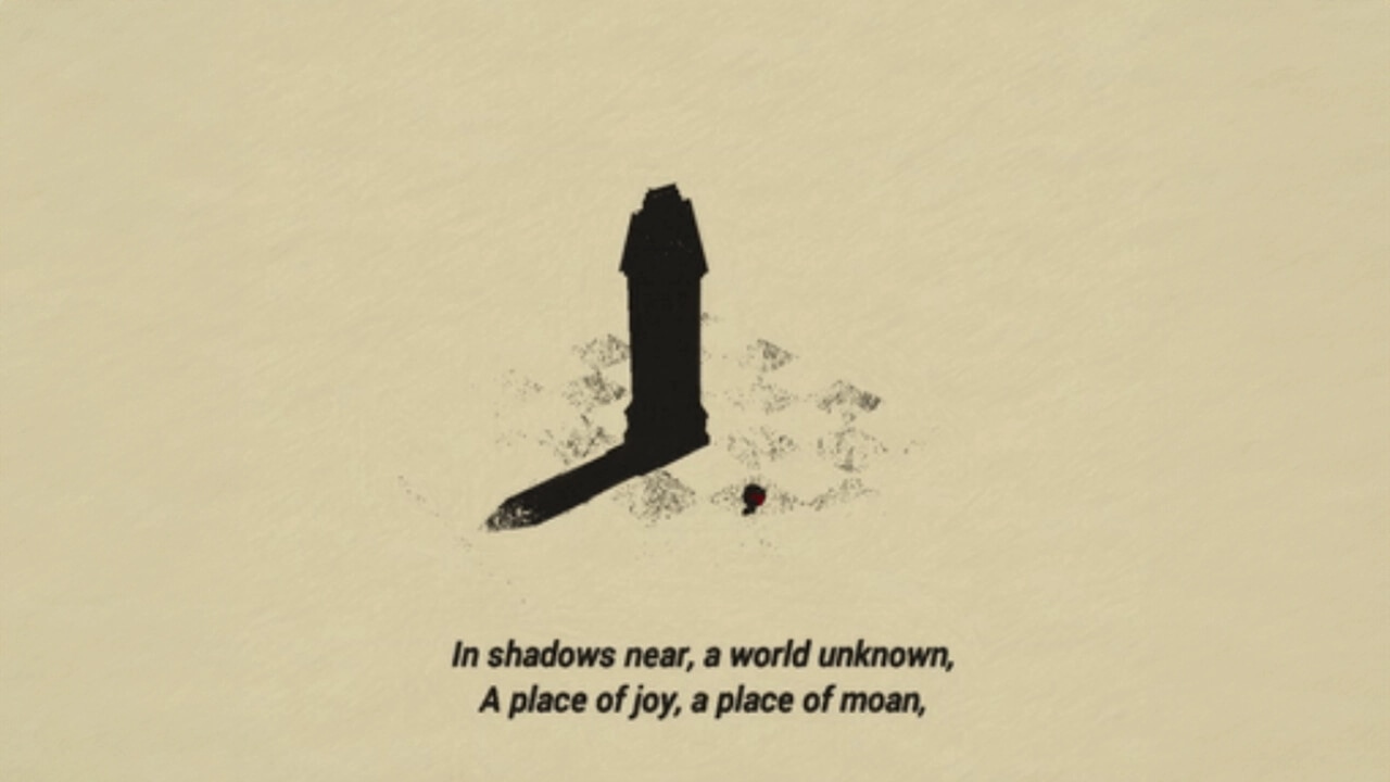 KORI: Black obelisk casting long shadow on textured ground, cryptic poem text beneath in desolate landscape