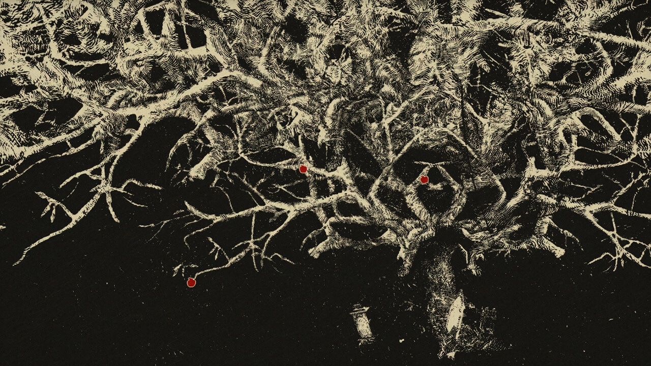 KORI: Intricate tree branches with highlighted nodes in a shadowy, abstract environment