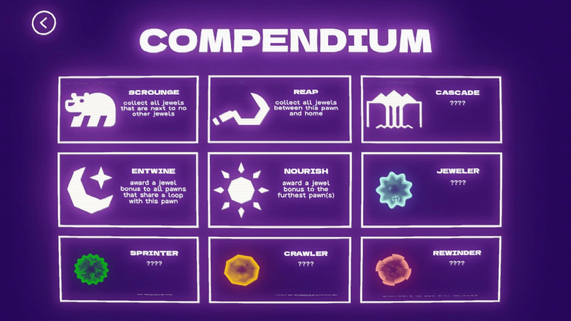 KOROMEKE: Compendium menu listing Scrounge, Reap, Entwine, Nourish and locked traits on purple UI.