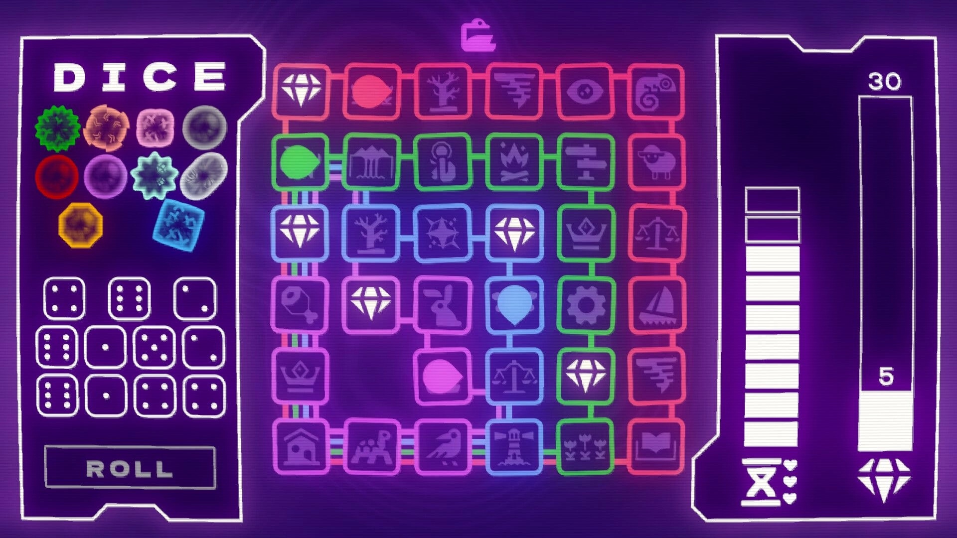 KOROMEKE: Dice roll panel and colorful looped node grid with icons on a purple neon interface.