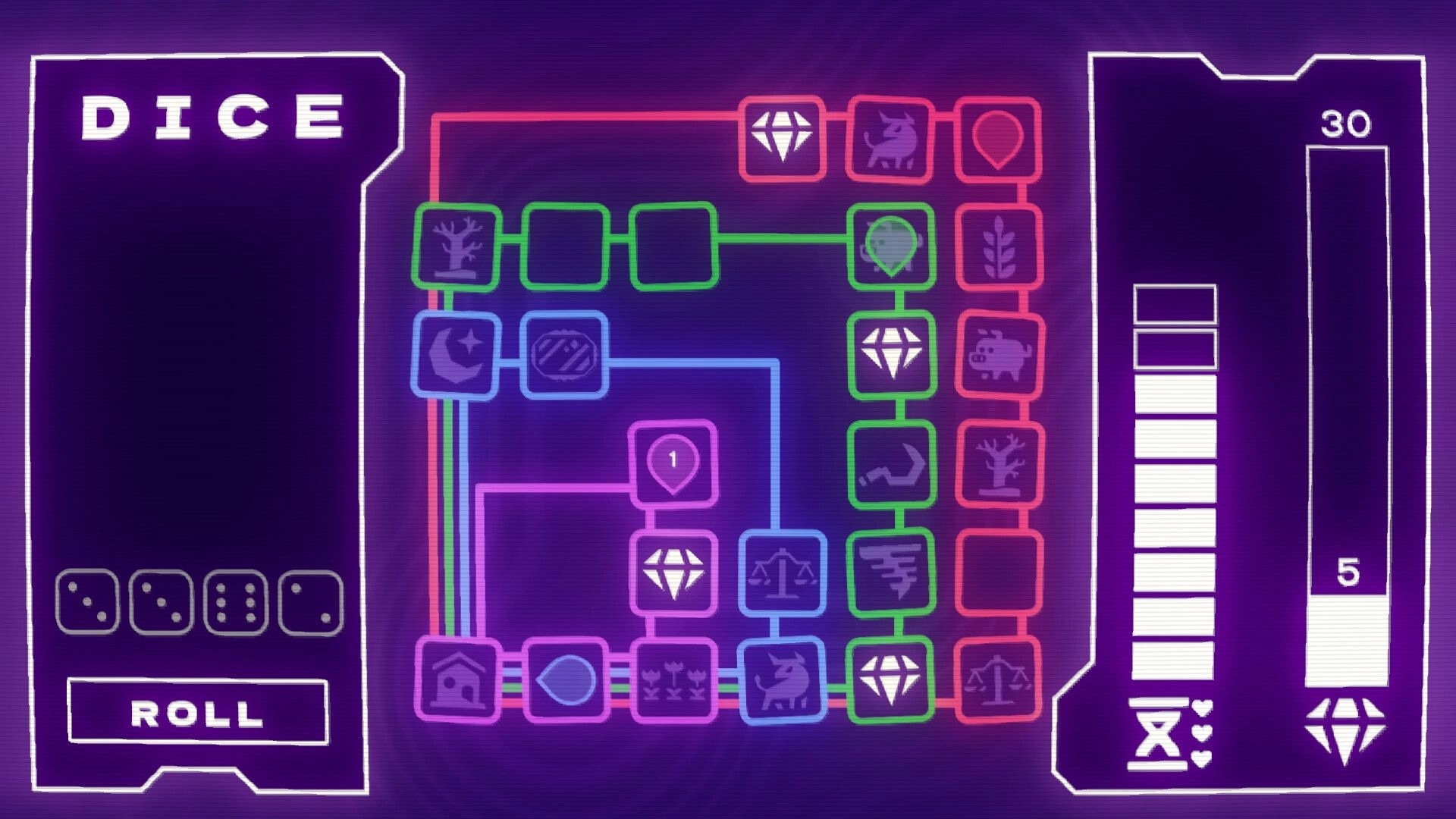 KOROMEKE: Dice rolling board with colored loop paths and icons, DICE and ROLL buttons on purple UI.