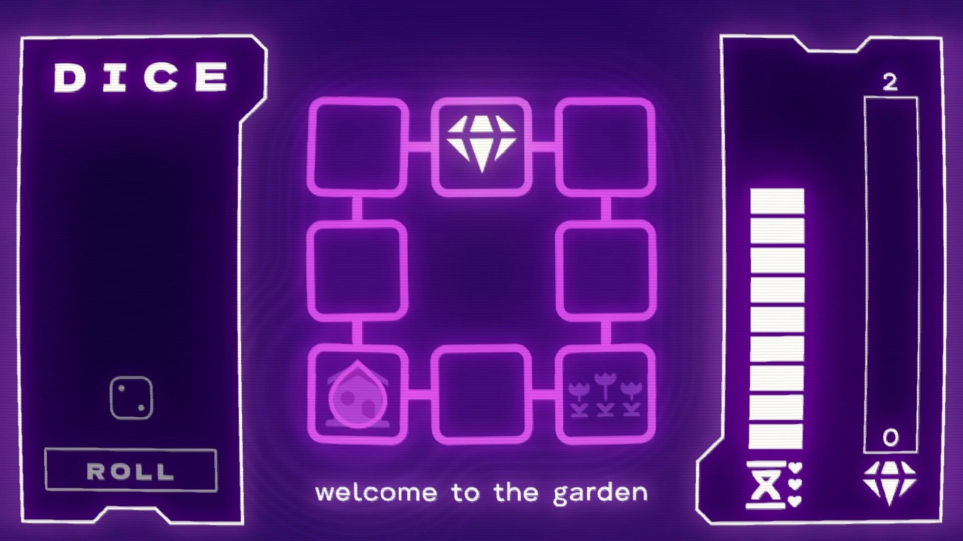 KOROMEKE: Dice roll UI with looped node map and timer bars in purple garden-themed interface.