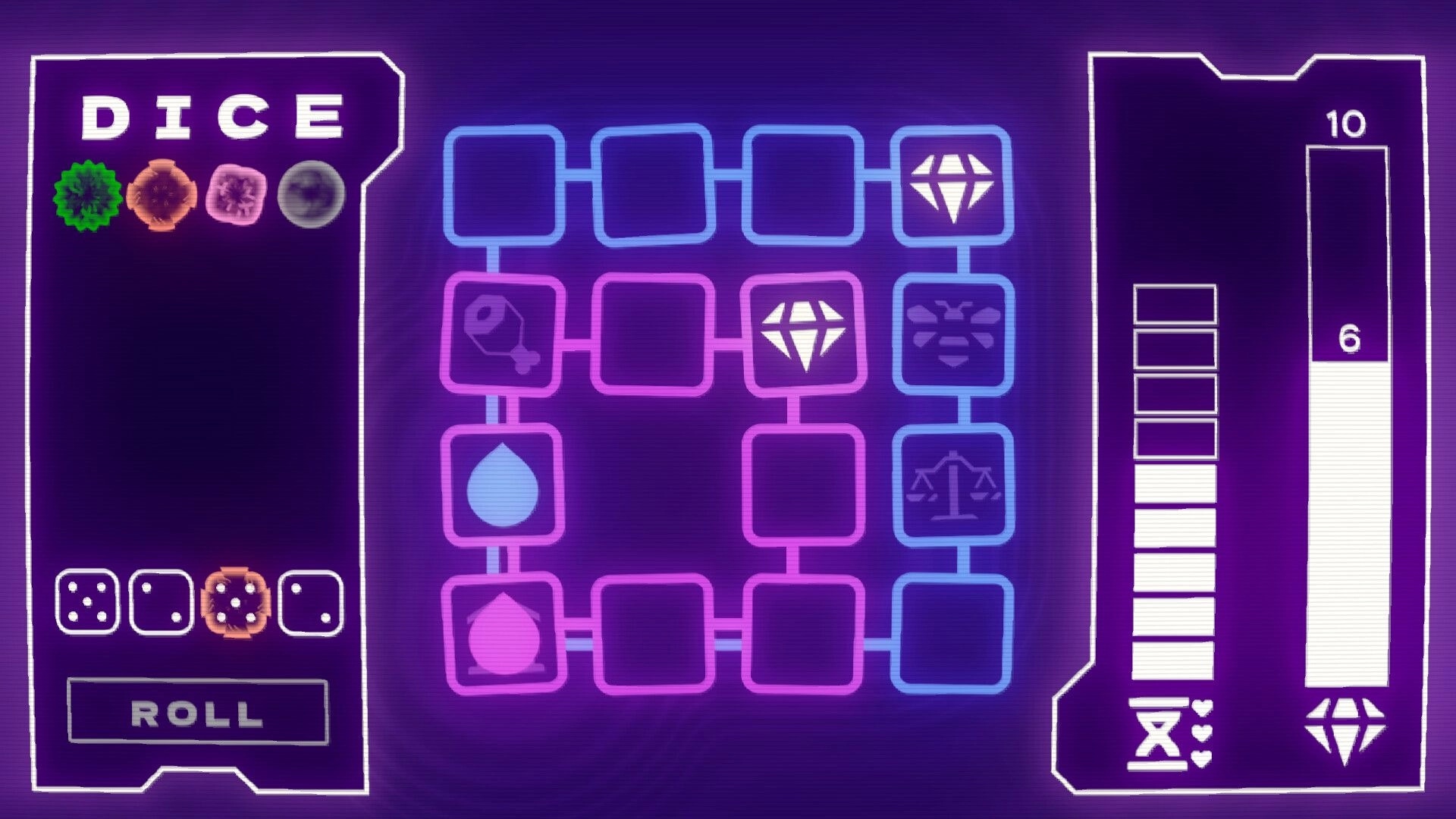 KOROMEKE: Dice roll panel beside a neon loop grid with gem and scale icons on purple UI background.