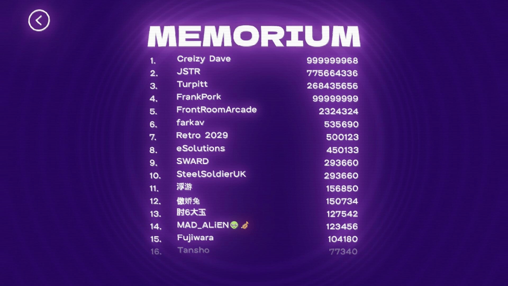 KOROMEKE: Memorium leaderboard listing player names and huge scores on a purple menu screen with back arrow.