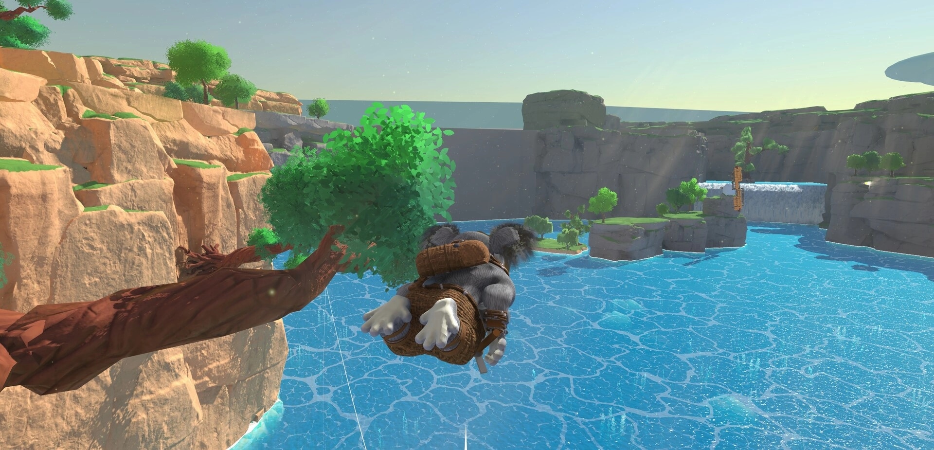 Koromi: Backpack-wearing creature glides above blue water between cliffs and small islands at sunset.