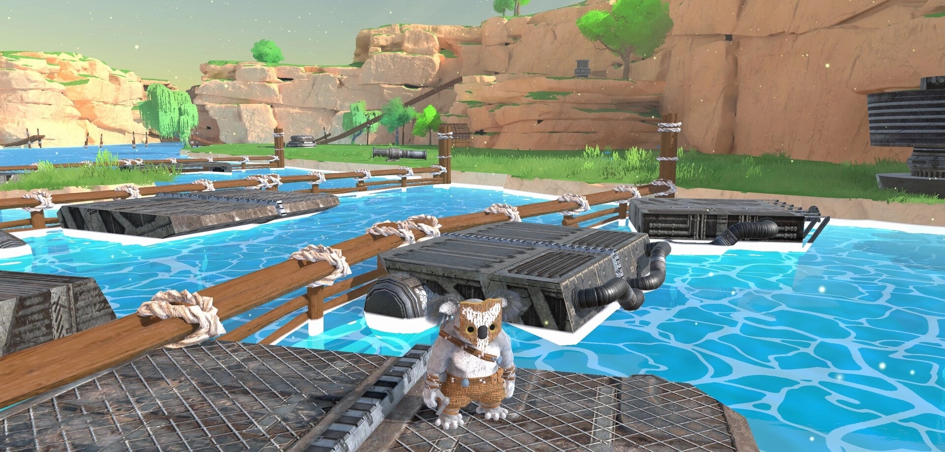Koromi: Furry masked character stands on metal platform by blue water and floating crates in canyon oasis.