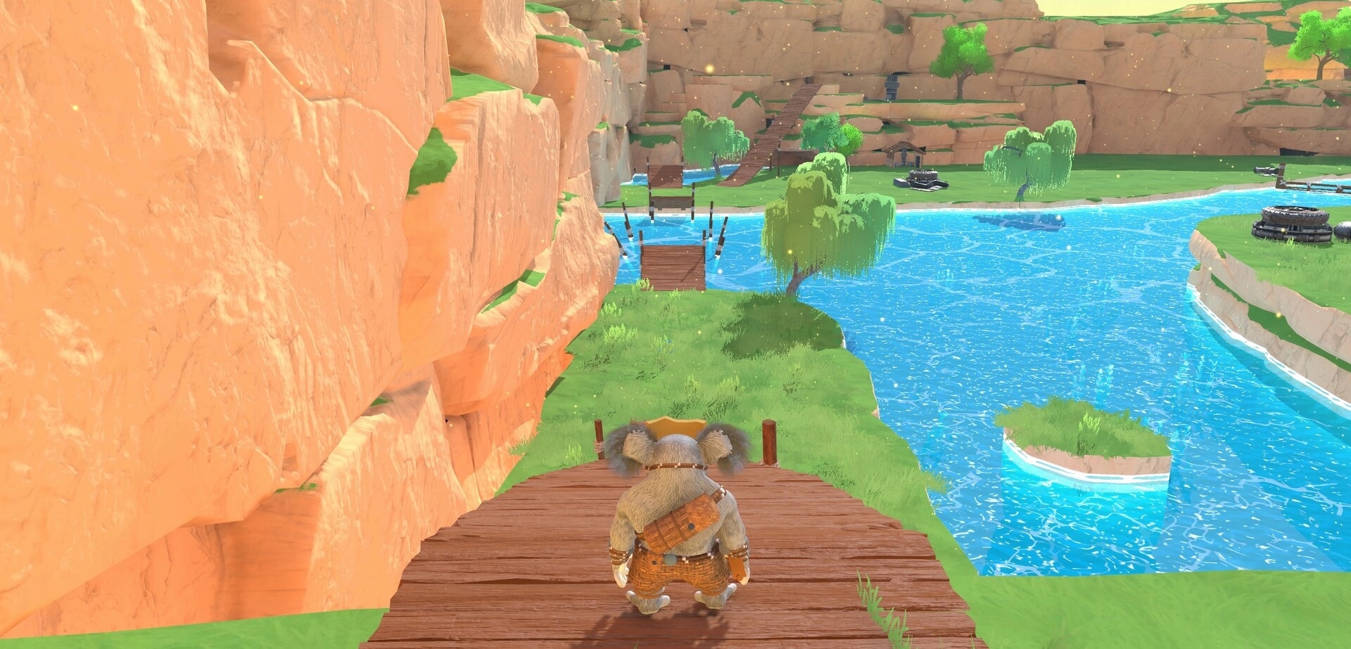 Koromi: Furry adventurer stands on a wooden dock by cliffs, overlooking a bright river and bridges.