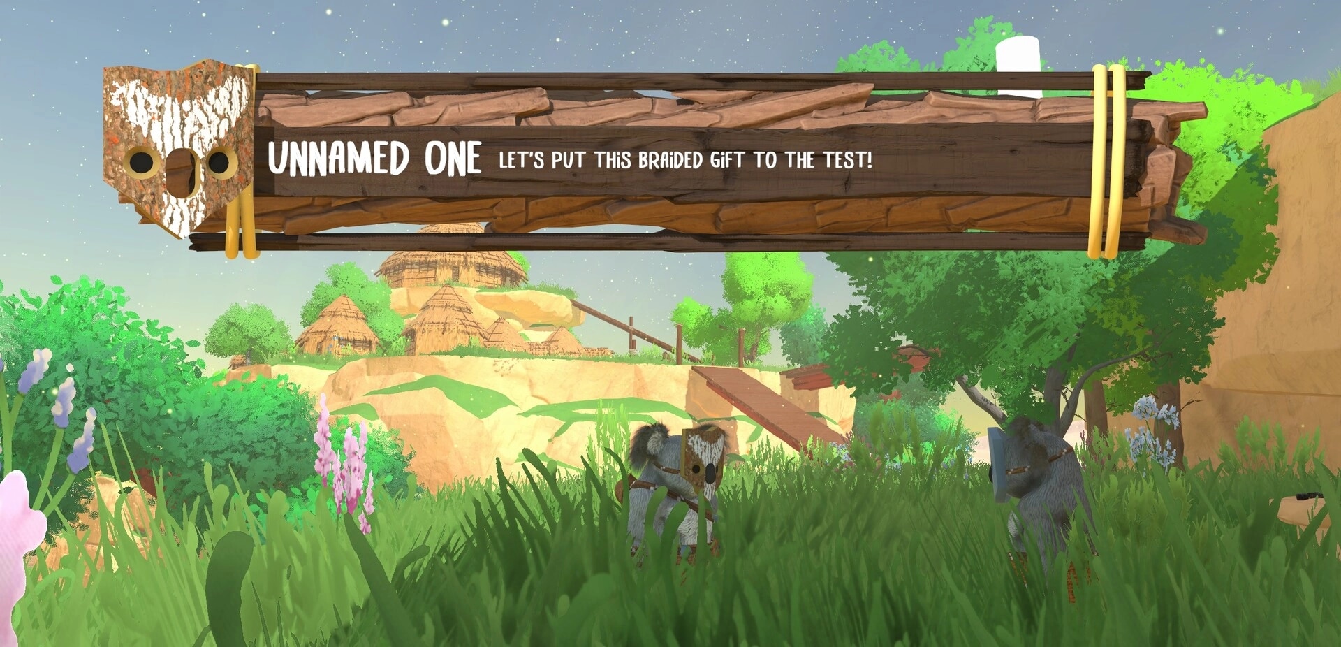 Koromi: Dialogue banner from Unnamed One over grassy village clearing with huts and trees ahead.