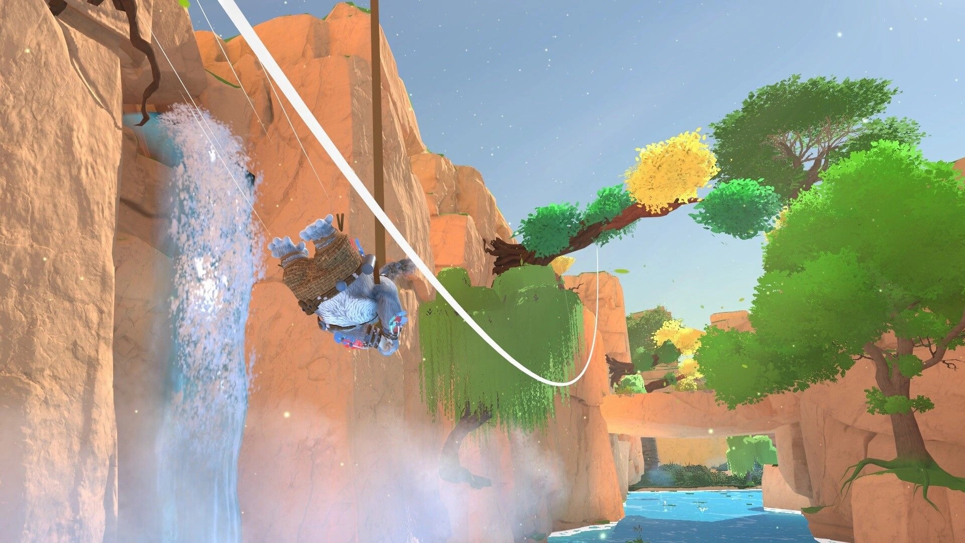 Koromi: Creature swings on a white grappling line past a waterfall in a sunny canyon oasis.