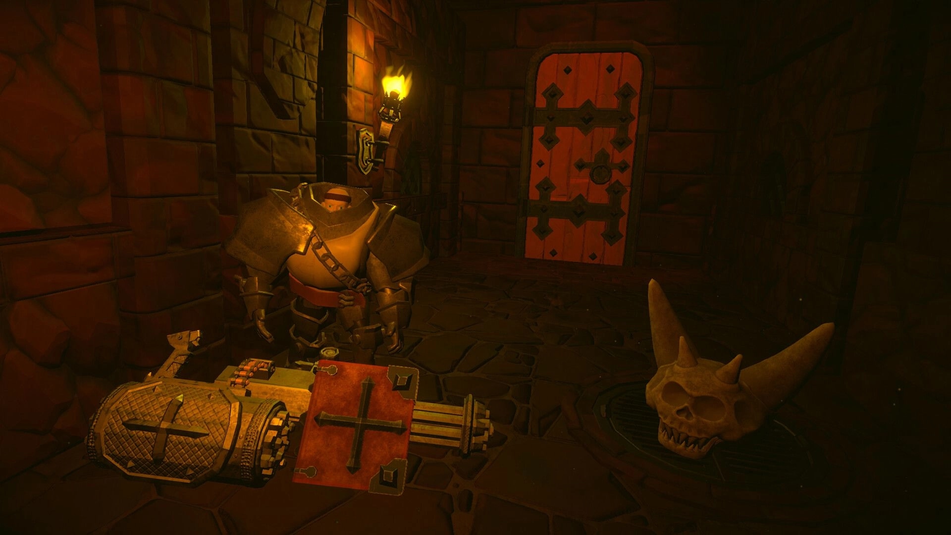 KORRIDOR: Armored warrior standing in dimly lit catacombs with torchlight and ominous skull nearby