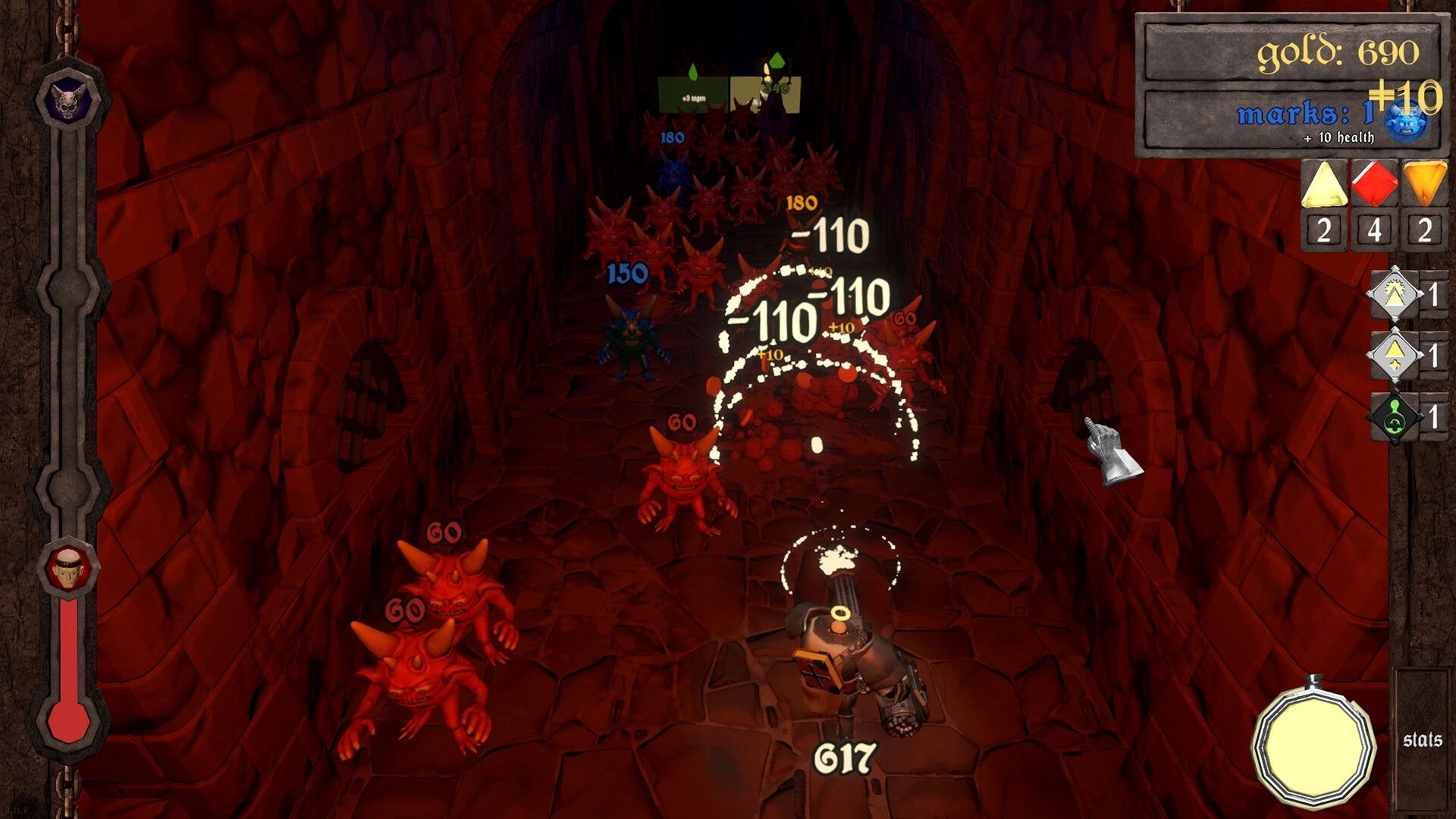 KORRIDOR: Player battles demons in narrow, red-lit catacomb corridor with score and inventory displayed