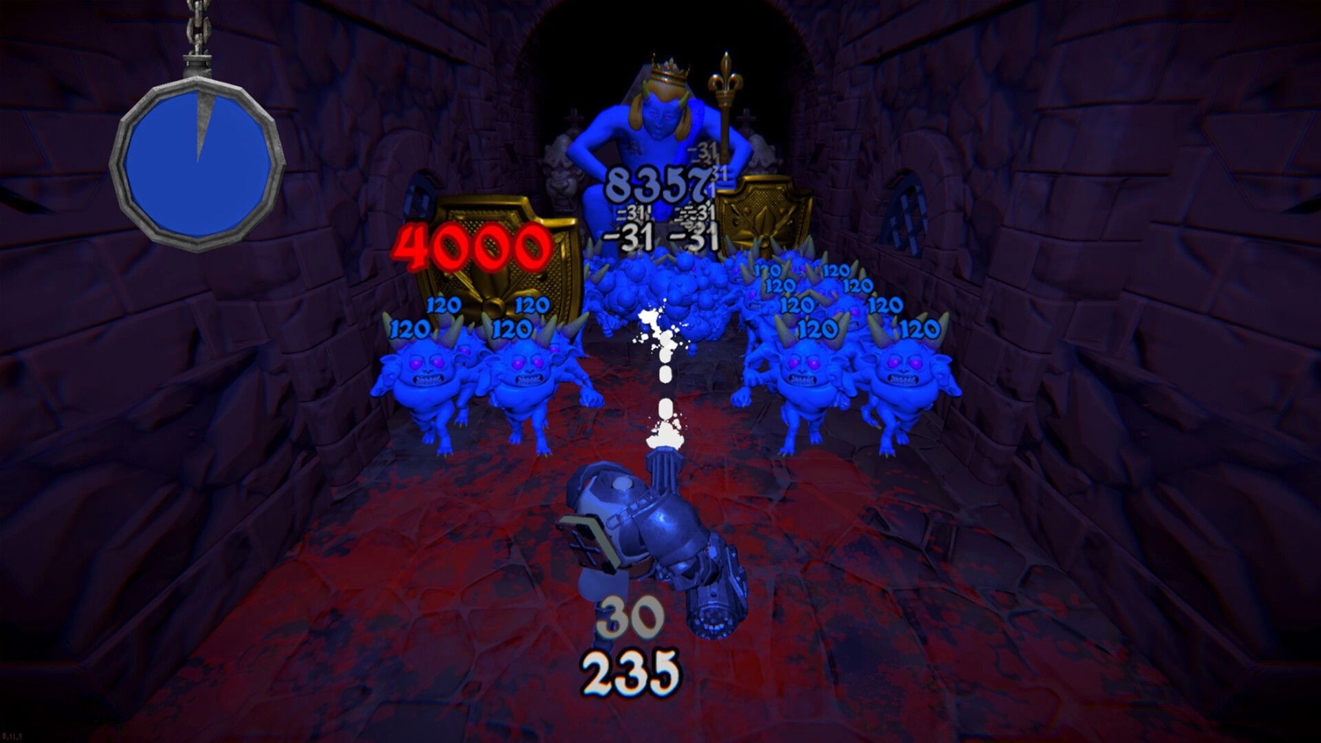 KORRIDOR: Player battles blue demons in dark catacombs with health and damage numbers displayed