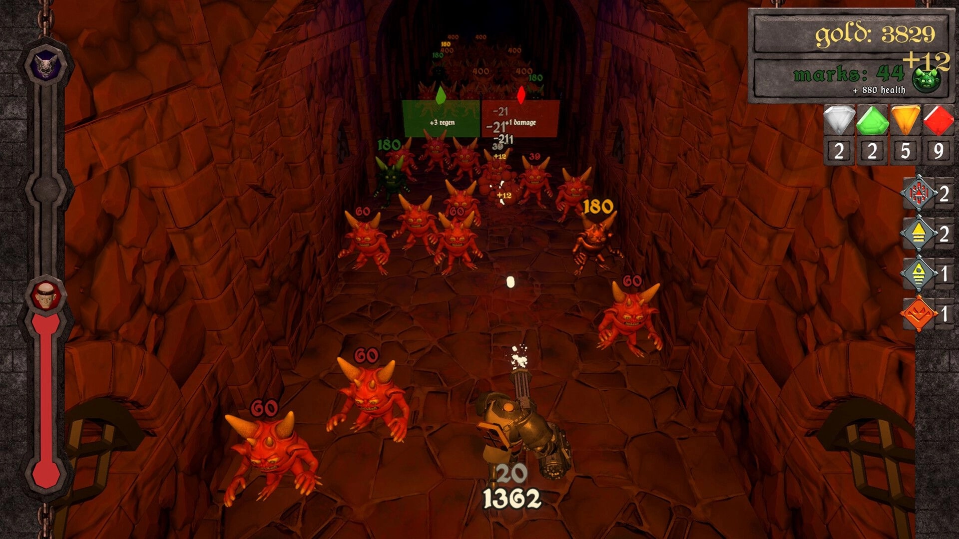 KORRIDOR: Player battles multiple red demons in a narrow dungeon corridor with health and gold UI visible.