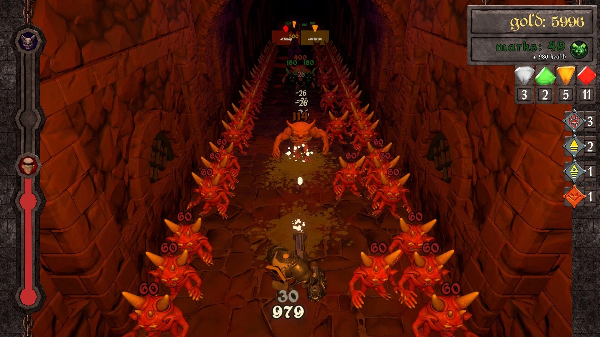 KORRIDOR: Player battles demon horde in narrow catacomb corridor with UI showing health and resources.