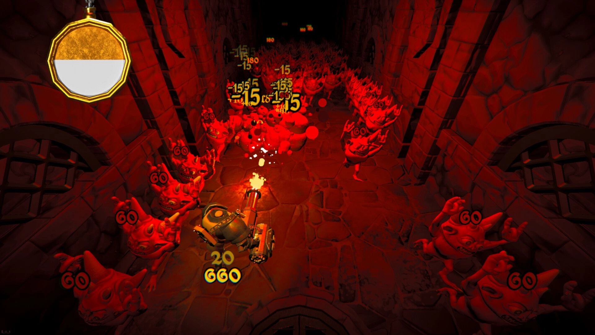 KORRIDOR: Player using flamethrower against red demons in narrow catacomb corridor with damage numbers.