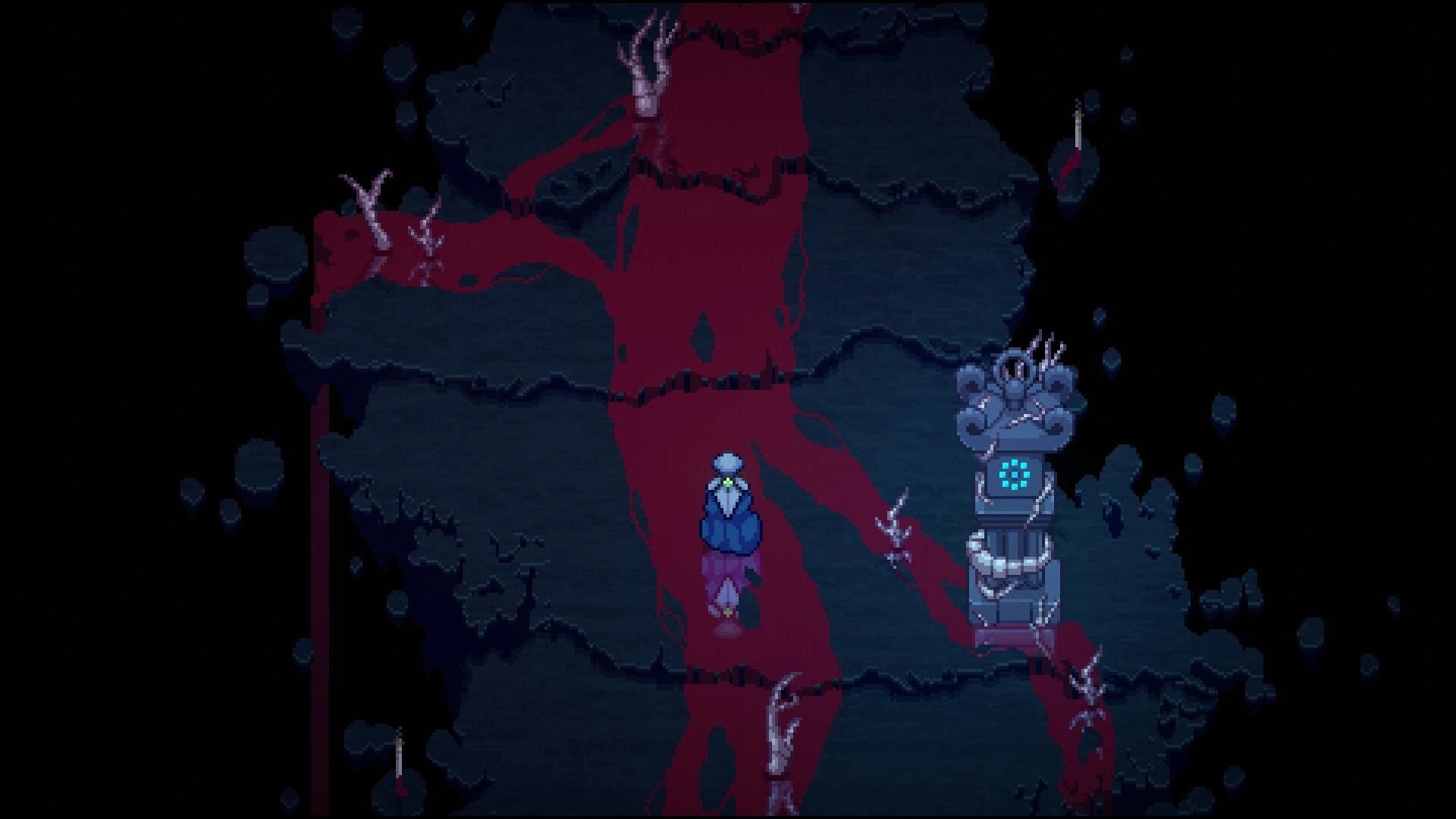 Kosenki: Hooded warrior stands by glowing shrine terminal on a blood-red path in dark forest ruins.