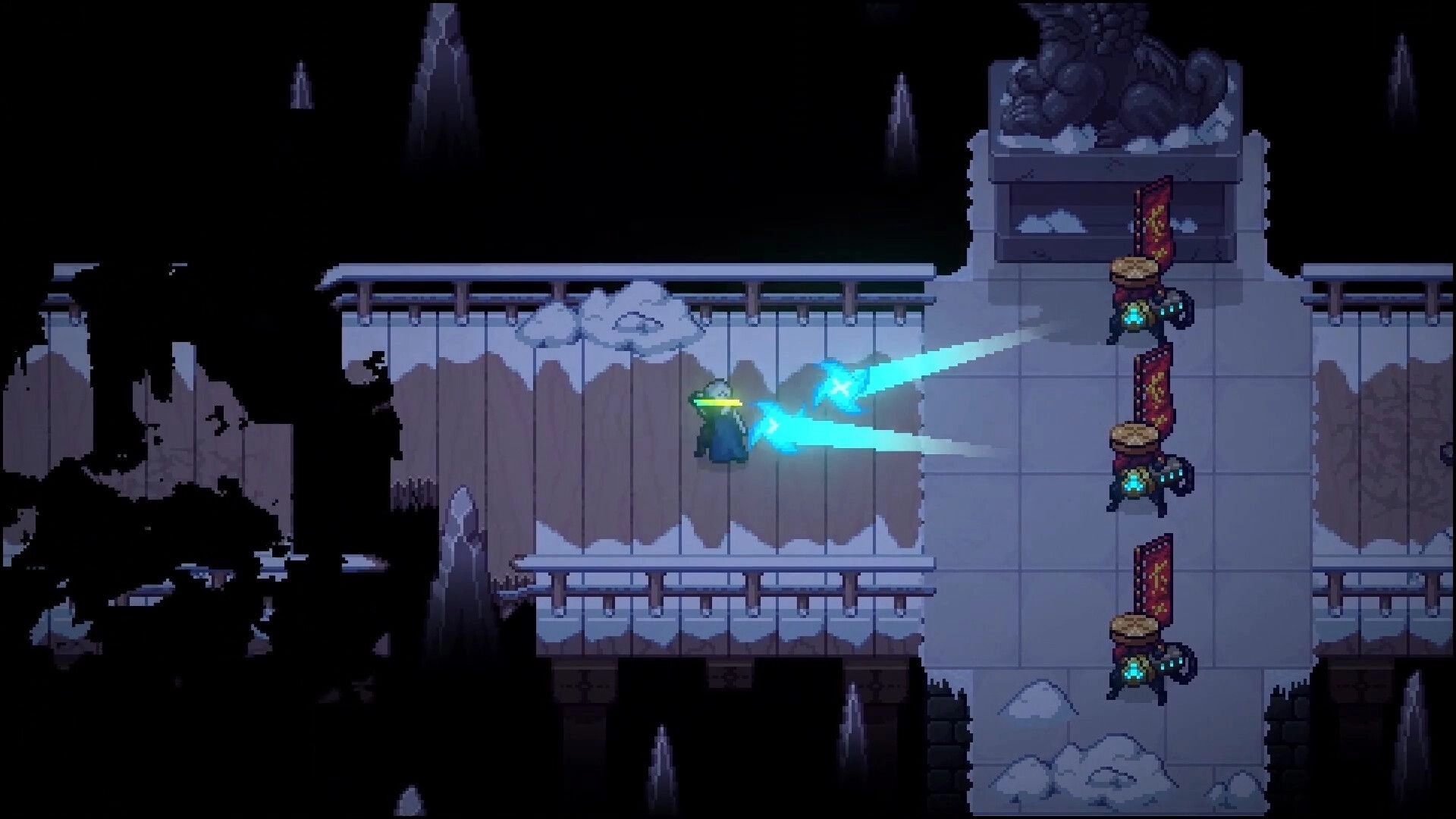 Kosenki: Cloaked fighter fires twin blue energy blasts at turrets on a snowy stone bridge platform.