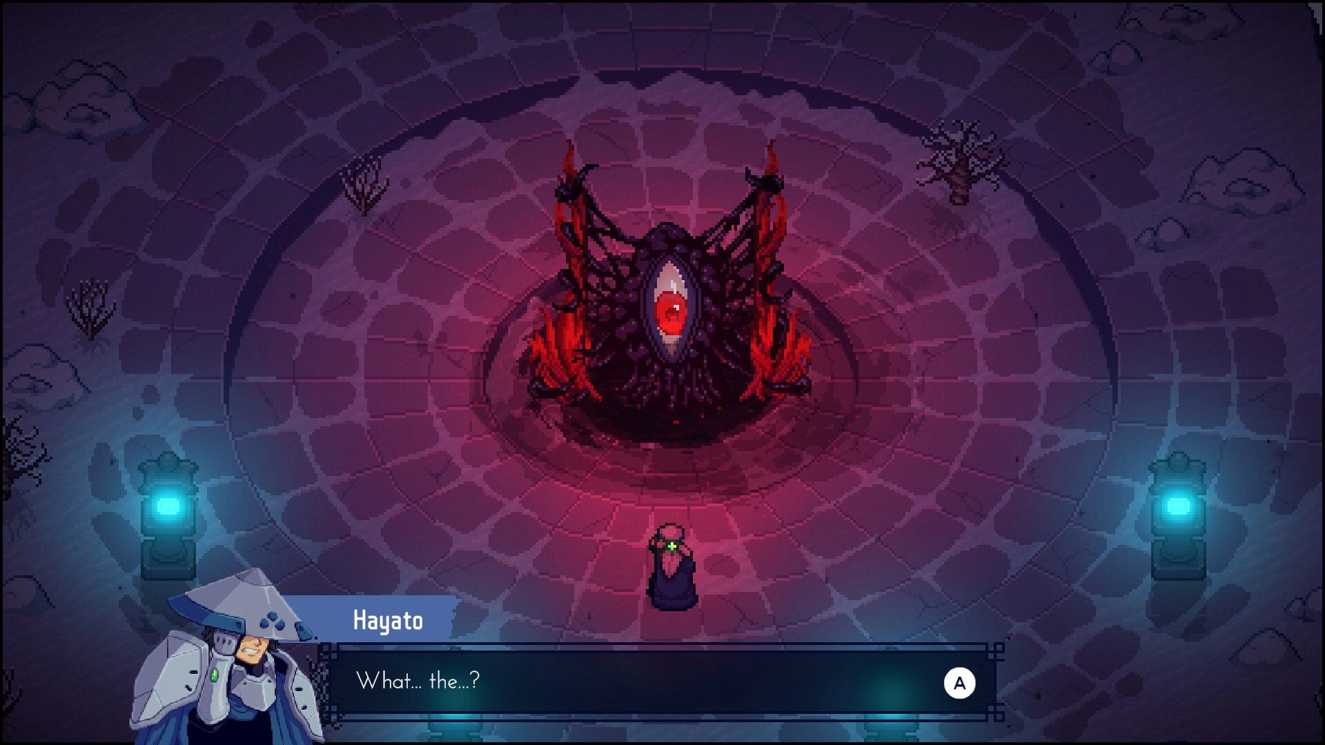 Kosenki: Hayato faces a pulsing red-eyed altar in a stone arena, dialogue box reads "What...the...?".