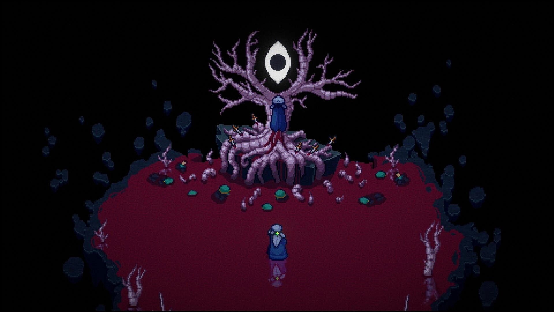 Kosenki: Hooded figure approaches a twisted tree shrine with a glowing eye icon in dark grove.