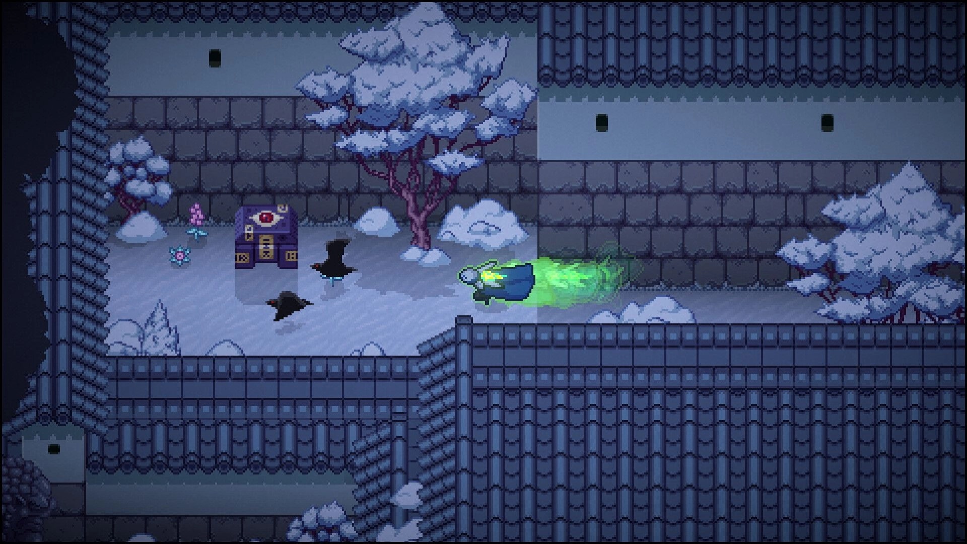 Kosenki: Green energy dash past shadow enemies by a shrine chest in a snowy walled courtyard at night.