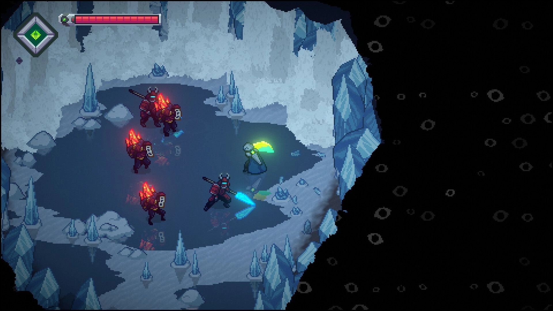 Kosenki: Swordfighter battles three flaming enemies in icy cavern pool, health bar and icon visible.