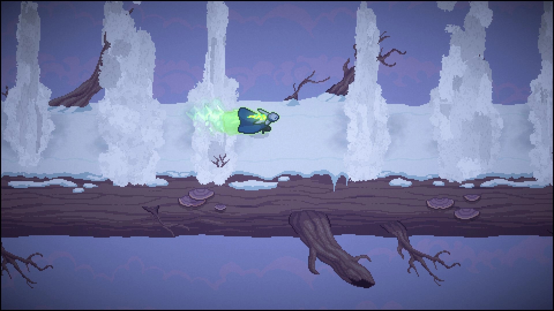 Kosenki: Cloaked fighter dashes with green energy trail across a snowy forest platforming area.