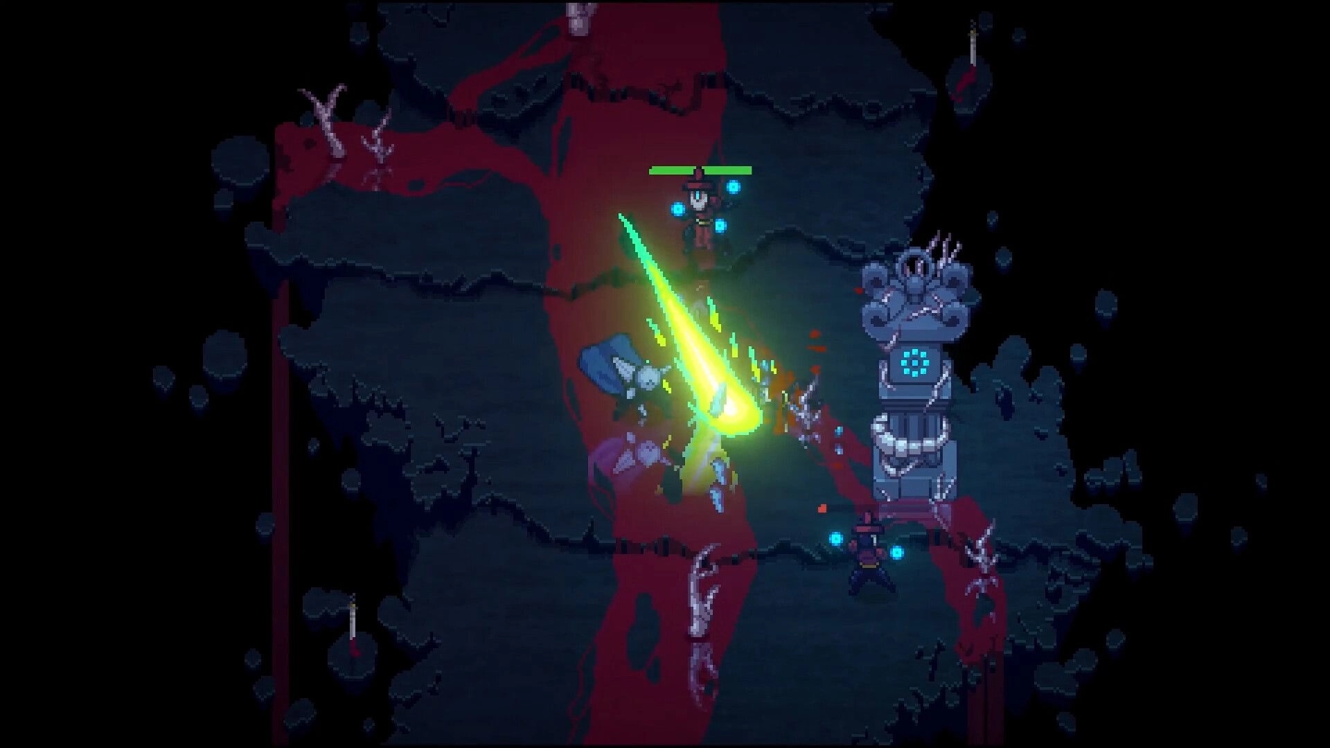 Kosenki: Green energy slash hits foes near a stone idol, health bars in a dark forest clearing.