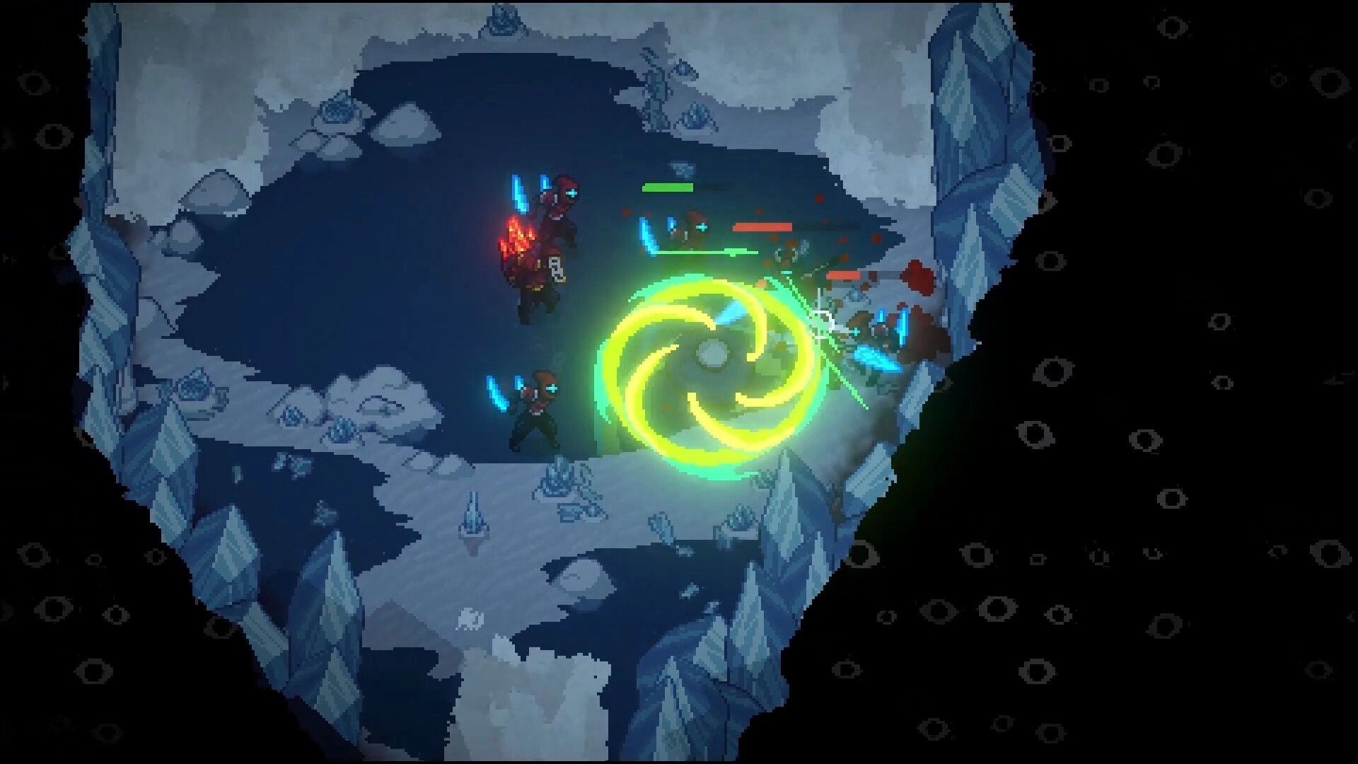 Kosenki: Top-down melee fight with neon spin attack and enemy health bars in an icy cave arena.