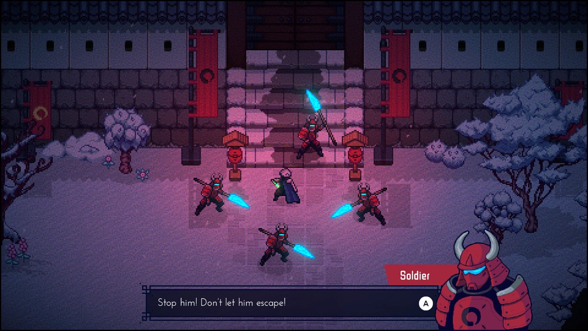 Kosenki: Surrounded by red-armored soldiers with blue blades in a snowy castle courtyard dialogue scene.