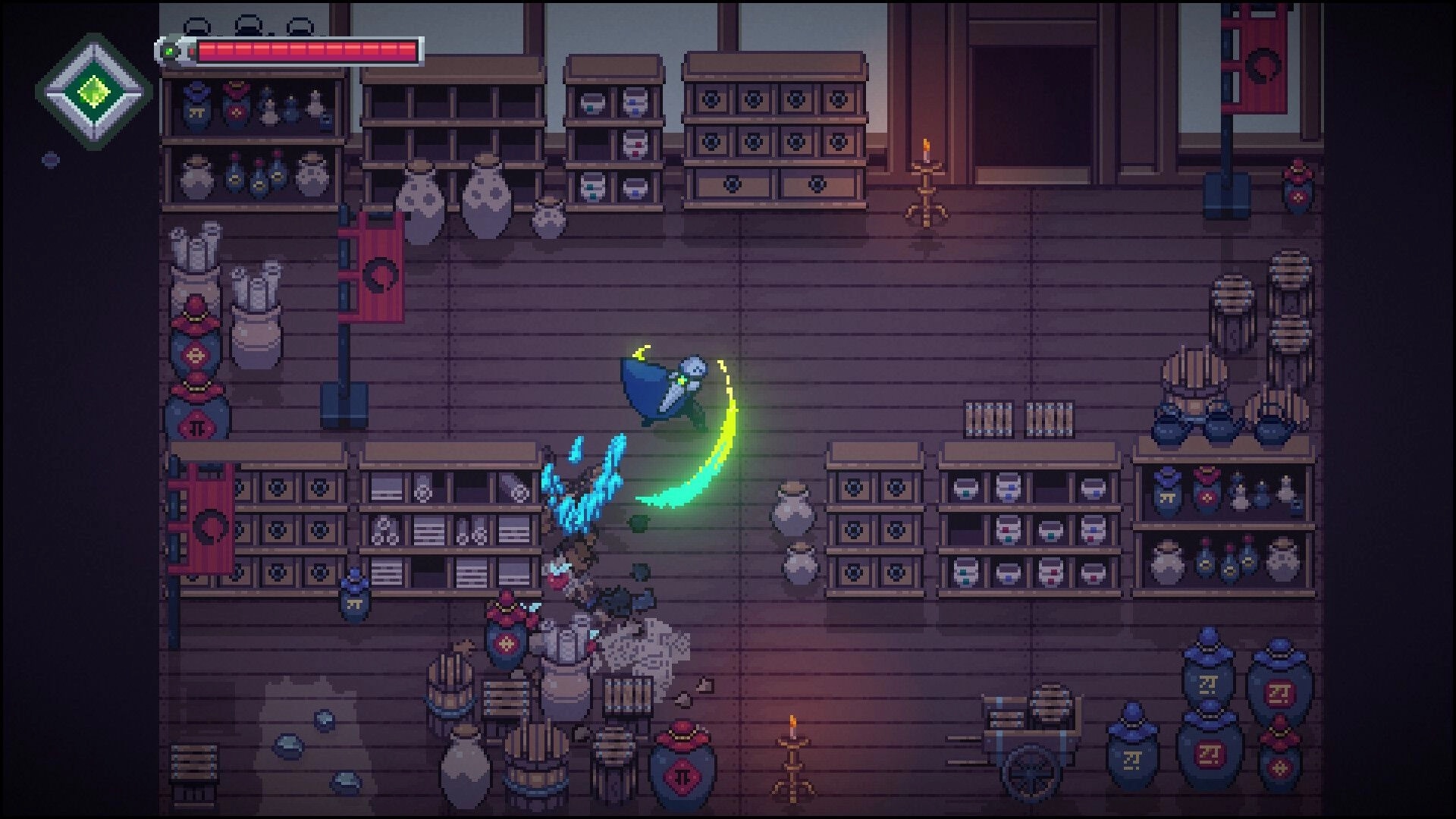 Kosenki: Samurai slashes with green arc in cluttered shop storeroom, health bar UI at top.