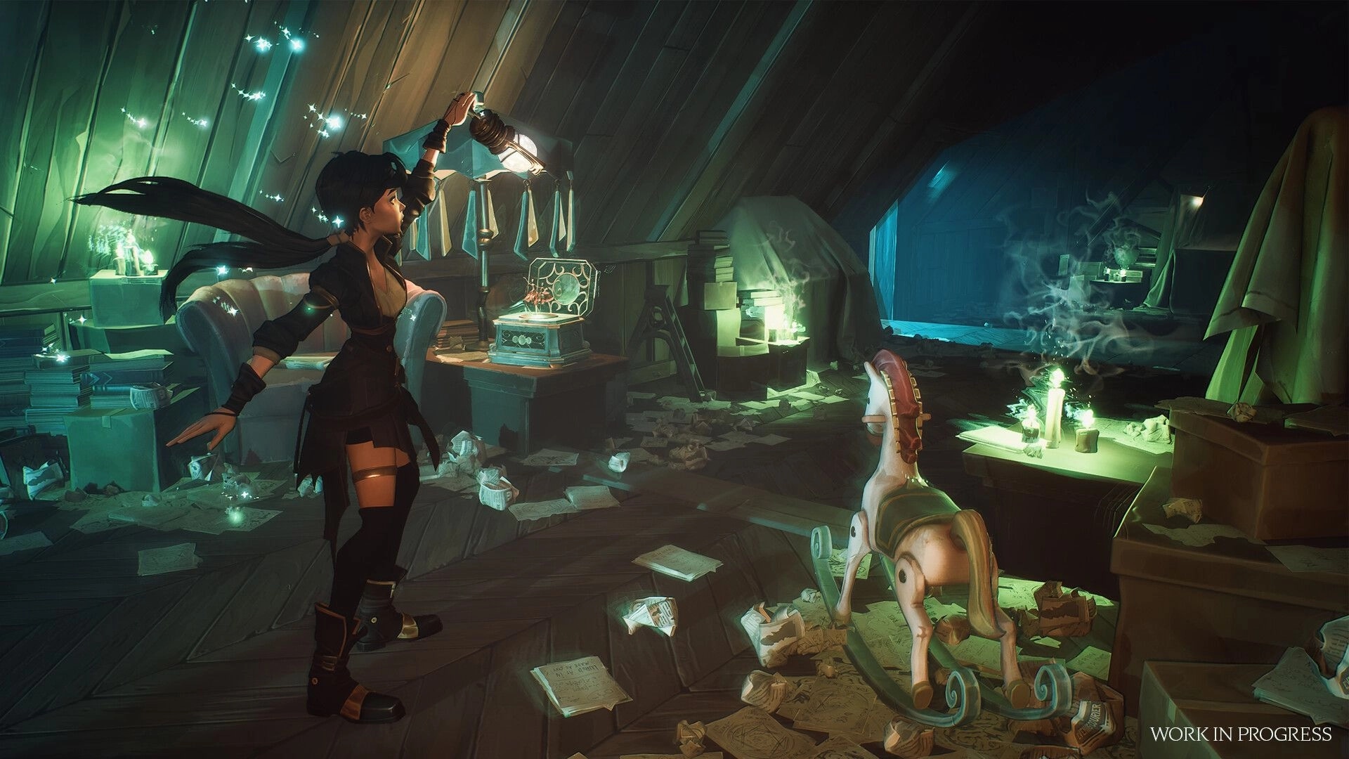 Koshmar: Heroine raises a lantern amid glowing motes in a cluttered attic with candles and toys.