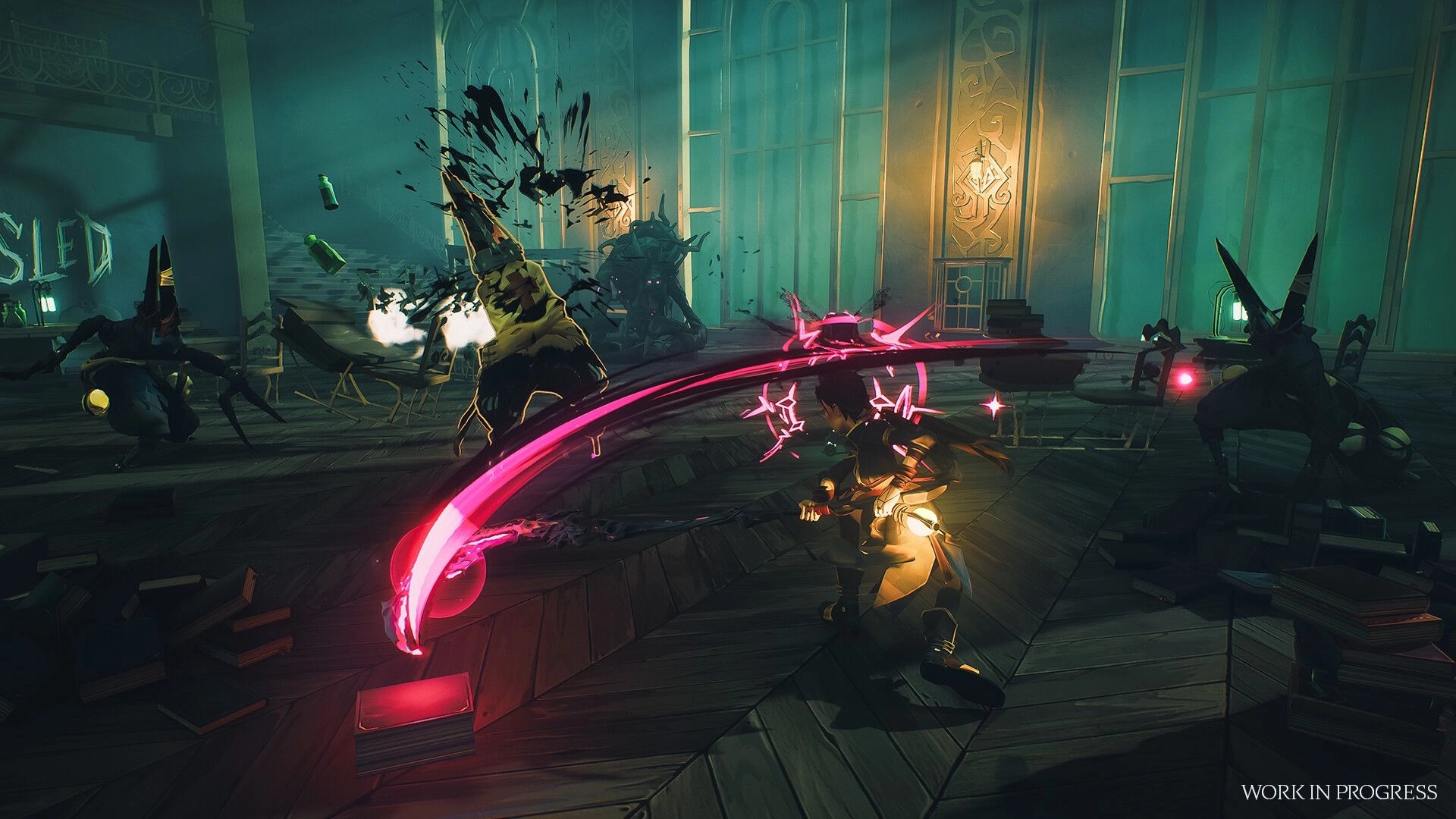 Koshmar: Hero swings glowing pink scythe at nightmare creatures in a ruined hall with tables and stairs.