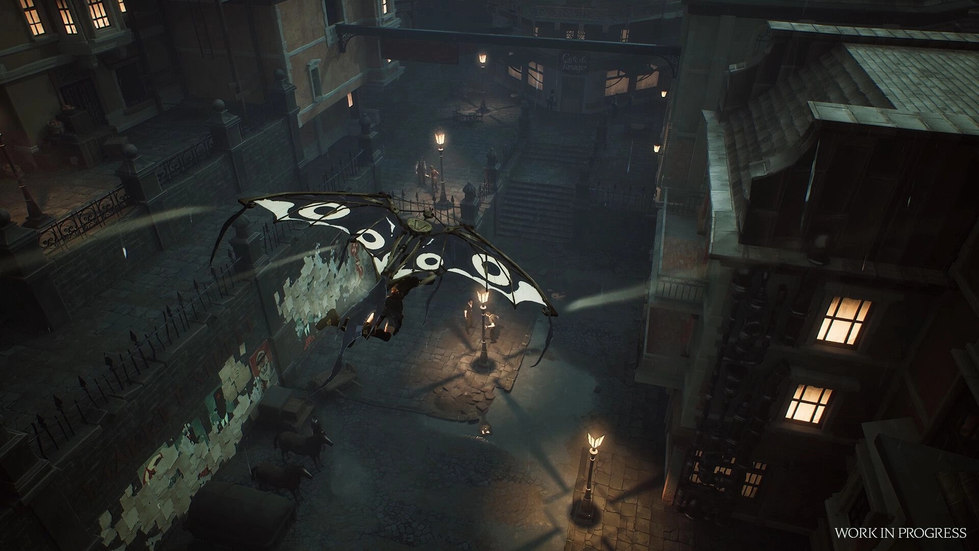 Koshmar: Gliding over a foggy cobblestone street with a tattered wing glider between tall buildings.