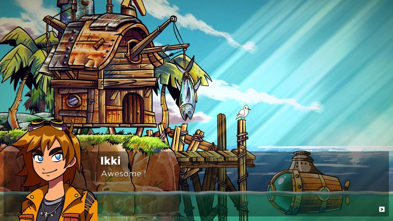 Kosmocean: Ikki at wooden shack with dock, submarine in water, sunny sky and seagull perched nearby