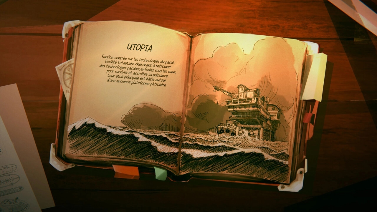 Kosmocean: Open logbook on wooden desk showing Utopia faction details and ocean sketch
