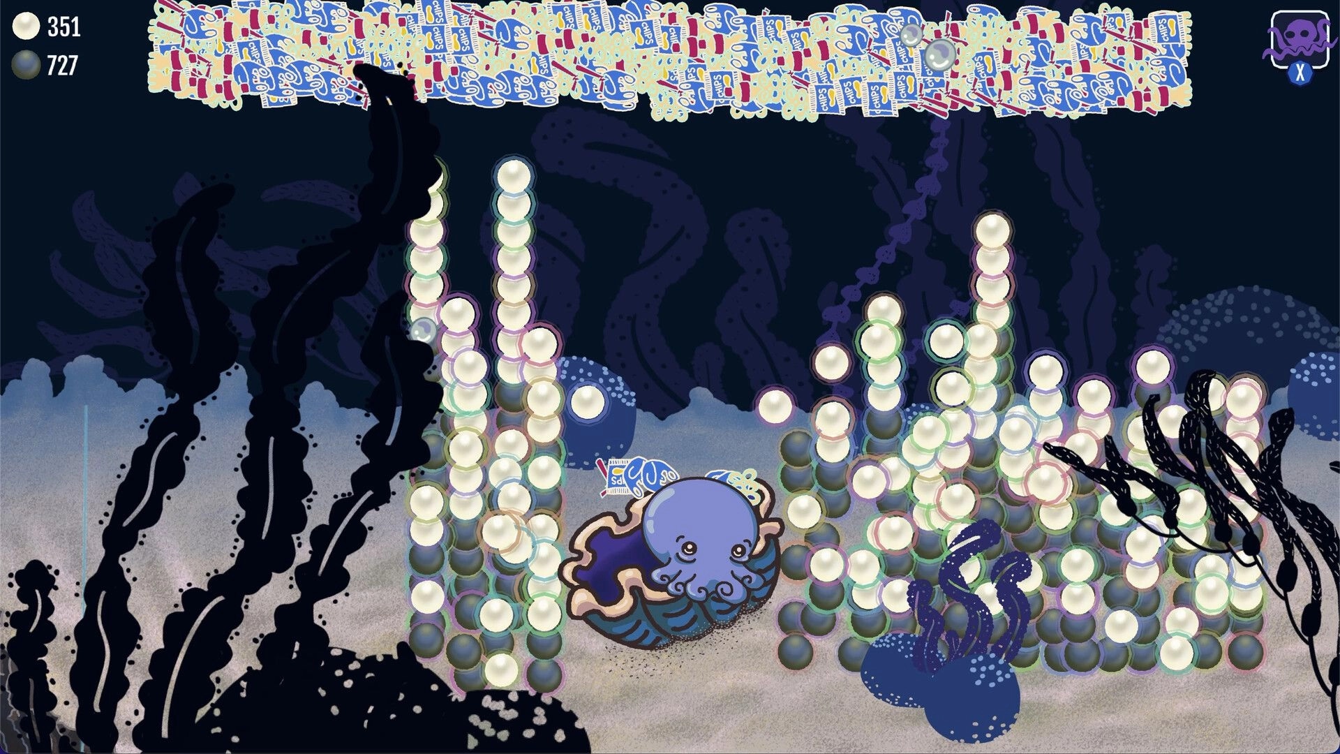 Kraken Cleaning: Kraken octopus amid glowing bubble towers and trash icons in a dark seabed UI.