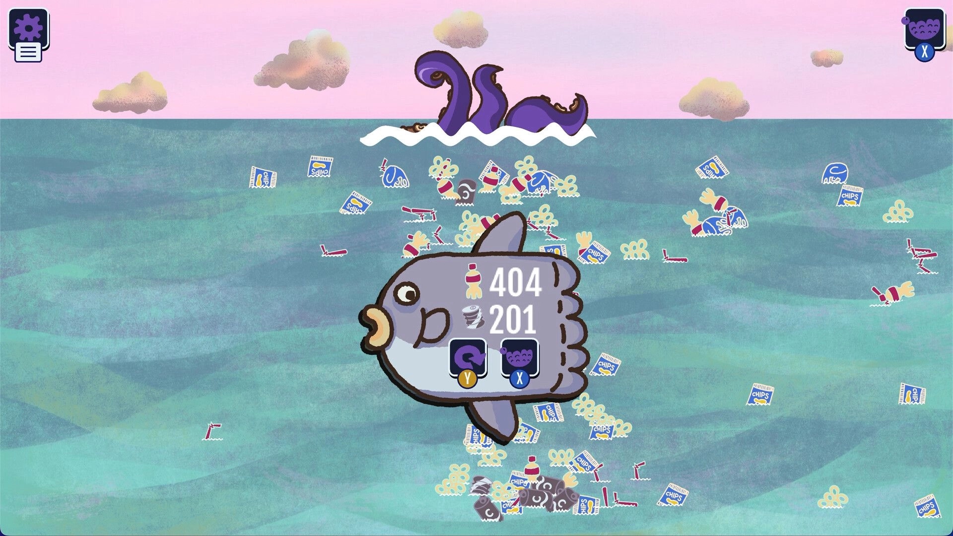 Kraken Cleaning: Collecting floating trash and fish rewards with counters on a pastel ocean scene.