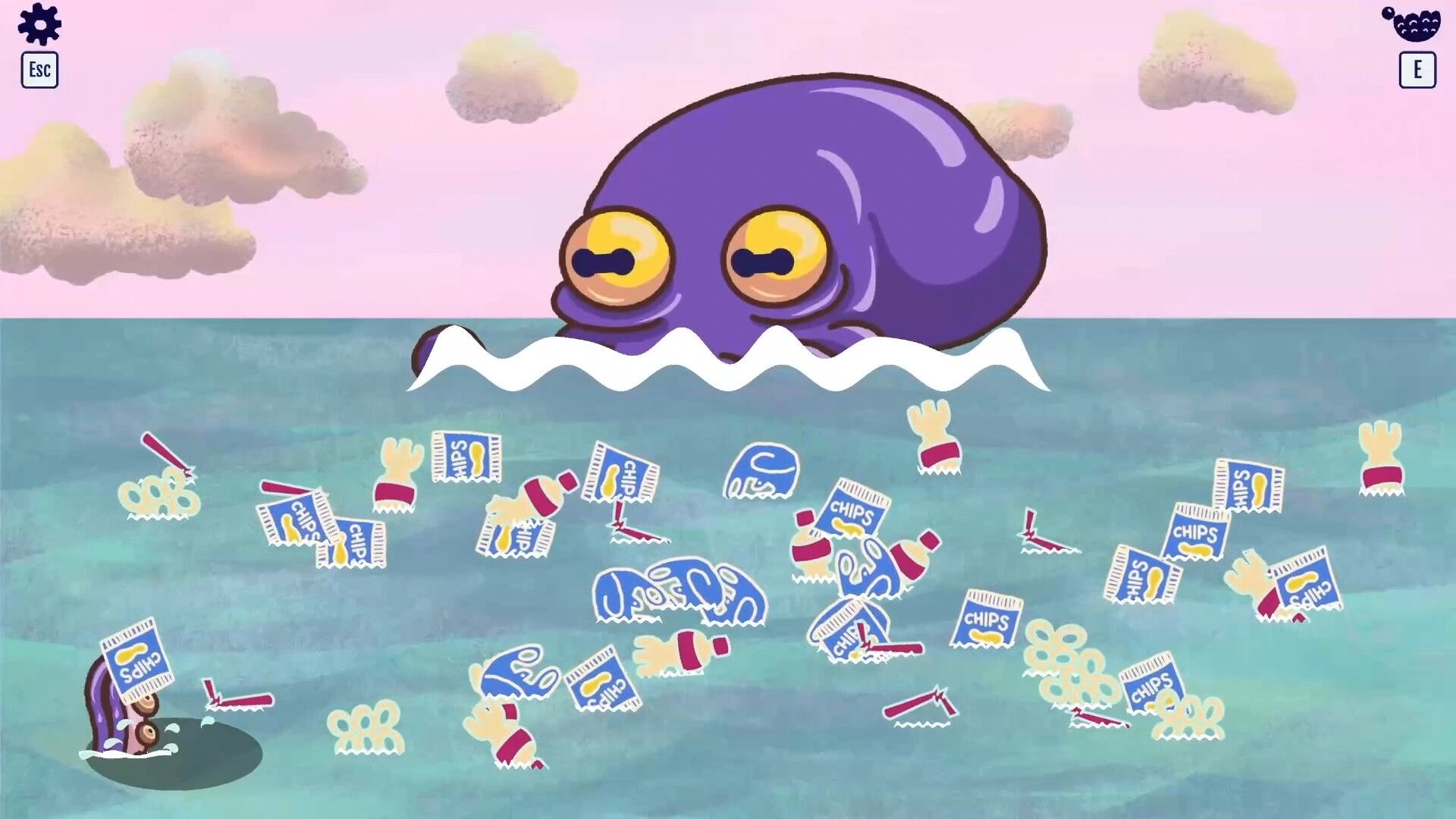 Kraken Cleaning: Purple kraken watches floating trash in ocean with Esc and E buttons on sky backdrop.