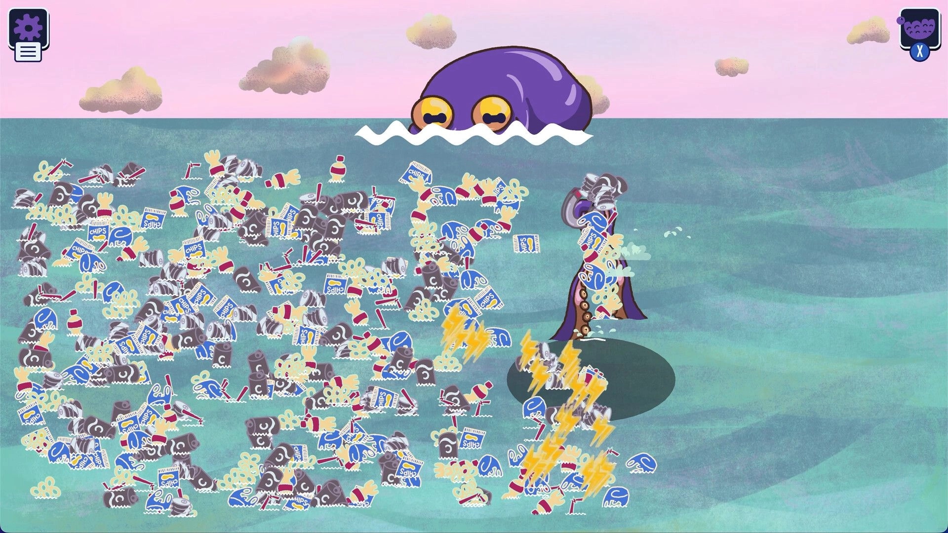 Kraken Cleaning: Kraken tentacle zaps floating trash with lightning in a pastel ocean scene UI.