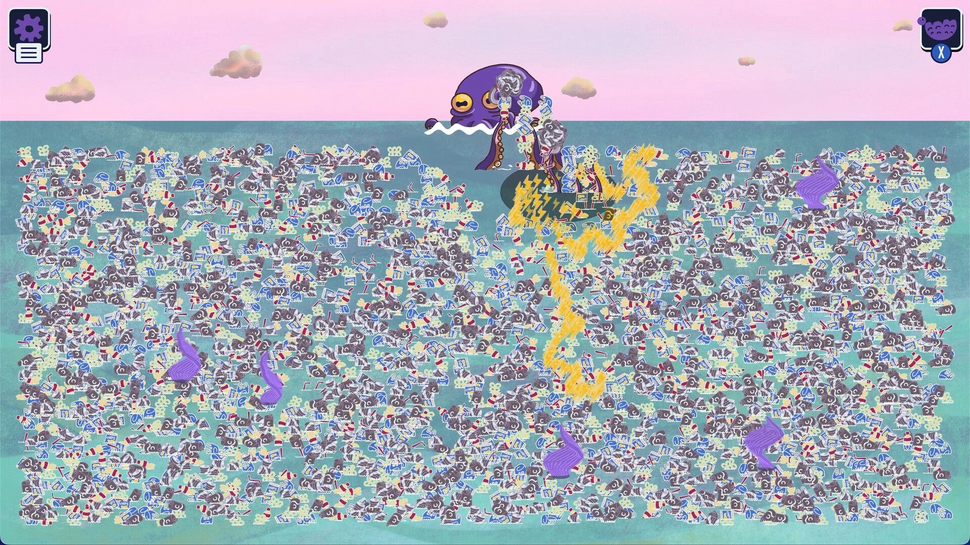 Kraken Cleaning: Kraken zapping heaps of floating trash with lightning over a wide ocean surface UI.
