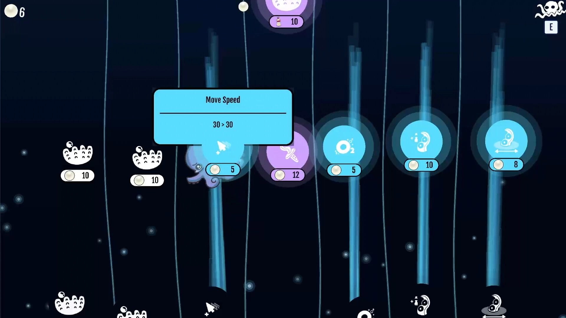 Kraken Cleaning: Move Speed upgrade popup over ability nodes and costs in a dark ocean tech tree UI.