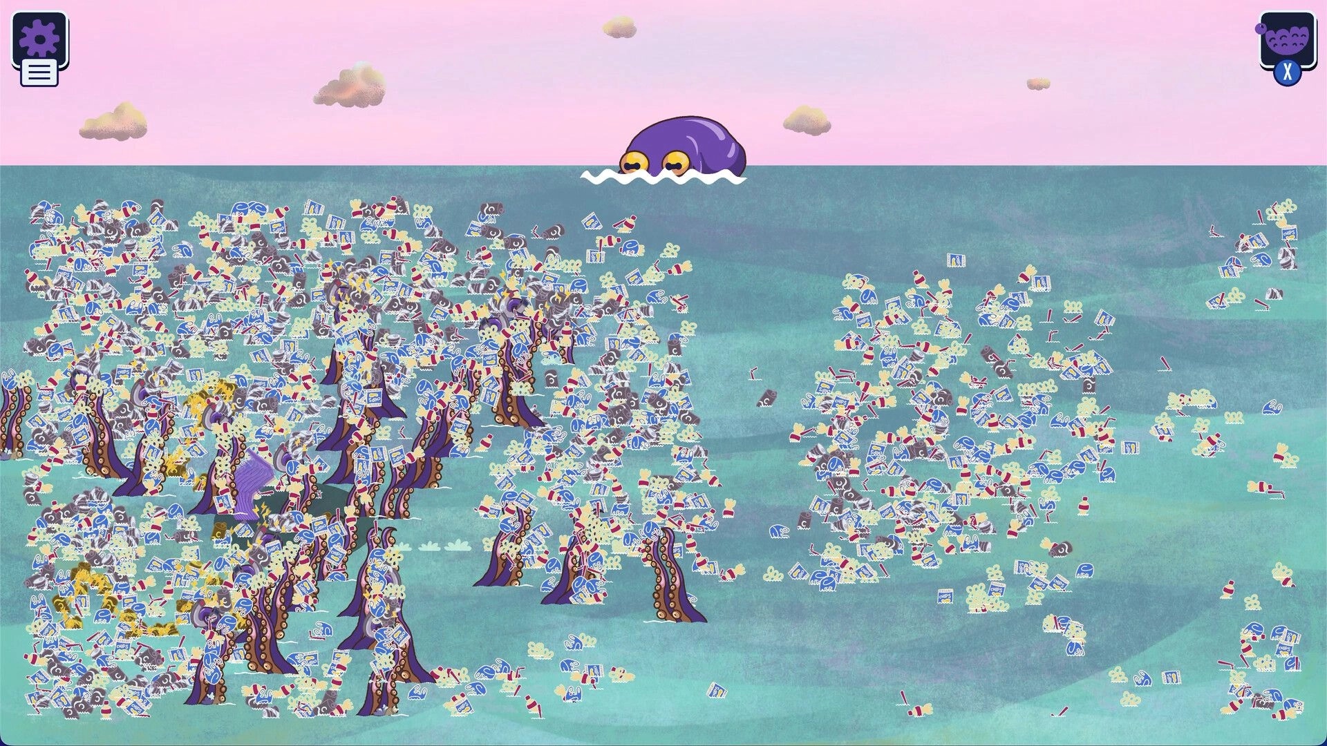 Kraken Cleaning: Kraken peeks above waves as tentacles clear floating trash across a wide ocean map.